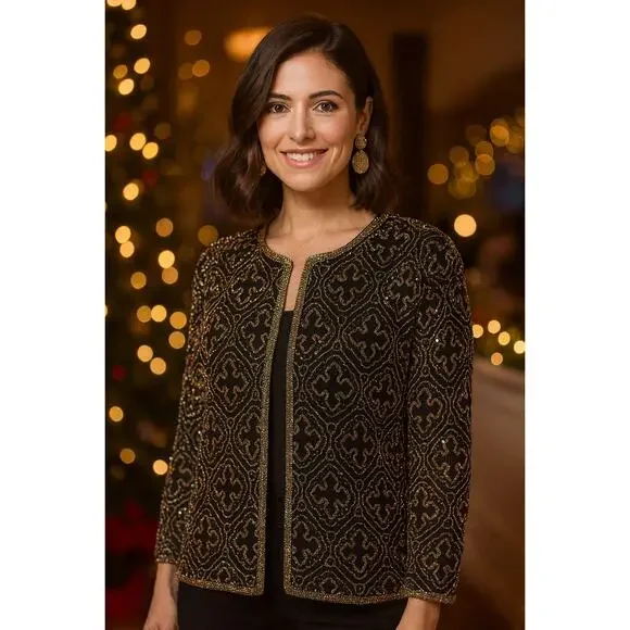 Vintage Stenay Black & Gold Silk Beaded Blazer Jacket | Women's Size Large Glam - Picture 2 of 9